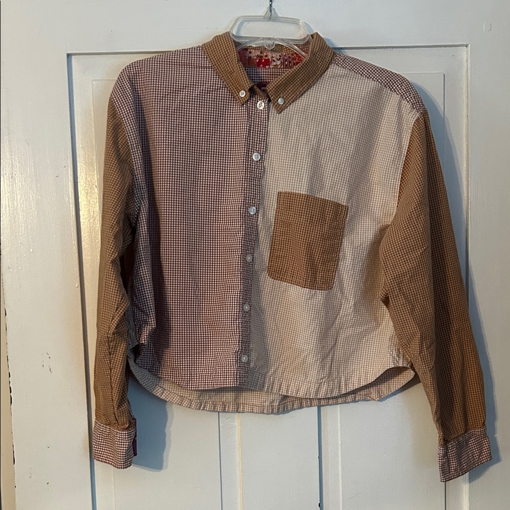 American Eagle Womens Top Medium Gingham Patchwork Color Block Long Sleeve